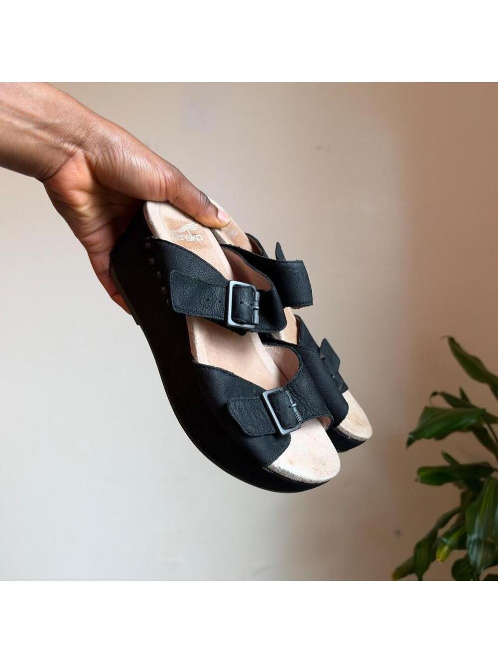 Dansko Black Leather Double Buckle Slide Platform Wedge Sandals EU 36 US 5.5